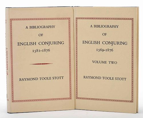 Toole Stott, Raymond. Bibliography of English Conjuring, 1581 Ð 1876. Derby: Harpur, 1976/78. Two volumes, publisher's blue cloth with jackets. Plate