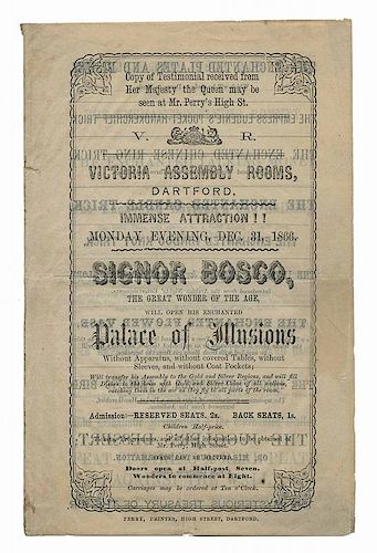 Bosco, Signor (Saul Abram Warschawski). Signor Bosco Program. Palace of Illusions at Victoria Assembly Rooms. Dartford: Perry, Printer, 1866. Printed 
