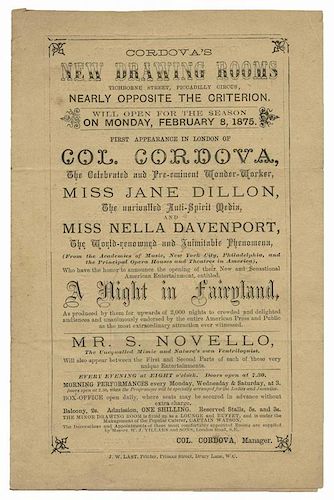 Cordova, Dillon & Davenport Combination. Program of Nella Davenport, Col. Cordova, and Jane Dillon. London: J.W. Last, 1875. For the season commencing