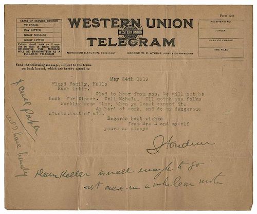 Houdini, Harry (Ehrich Weisz). Telegram from Houdini to Walter Floyd, signed. Dated May 24th, 1919, Houdini writes to fellow magician Walter Floyd on 