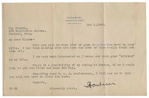 Houdini, Harry (Ehrich Weisz). Typed note from Houdini to Walter Floyd, signed. Dated May 2nd, 1924, Houdini writes to Floyd on his letterhead regardi