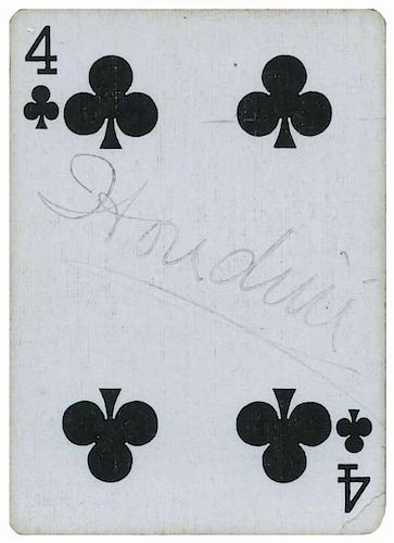 Houdini, Harry. Playing Card Autographed by Houdini. Circa 1920s. Poker-sized four of clubs playing card (2 _ x 3 _") signed in ink ÒHoudiniÓ diagon