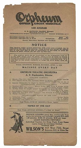 Houdini, Harry. Orpheum Vaudeville Program Featuring Houdini. Los Angeles, 1923. Bi-fold program for week of April 2, Houdini listed as the eighth fea