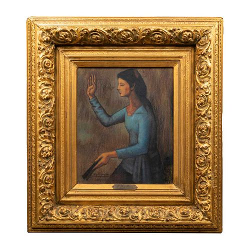 DESPUÉS DE PABLO PICASSO Mujer con abanico, 1905 Óleo sobre madera Copia realizada en 1939 por Francisco R Godoy Firmado E...