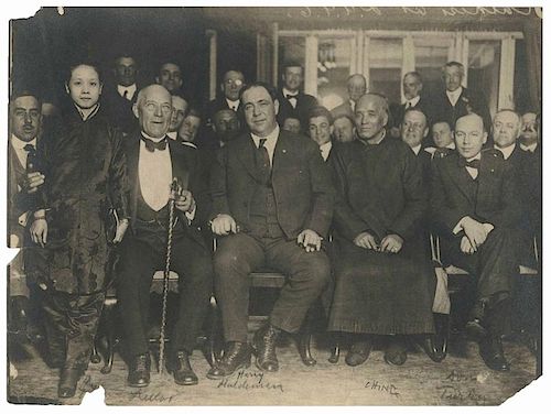 [Kellar, Harry] Photograph of magicians Harry Kellar and Ching Ling Foo. New York, ca. 1914. Candid group photograph depicts the first Dean of America