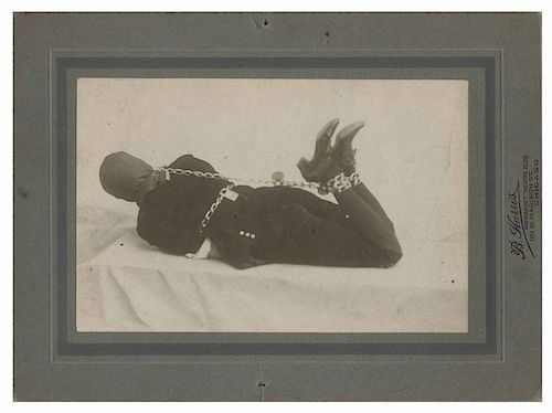 Kolar, Joseph. Photographs of escape artist Joseph Kolar. Chicago: B. Harris, ca. 1910. In one image, Kolar poses in an awkward position, restrained b