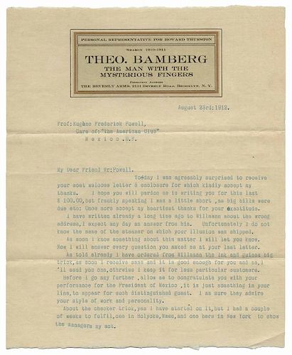 Okito (Tobias Bamberg). Three-page TLS from Okito to F.E. Powell. Dated August 23, 1912, and filled with good content, Okito writes to his fellow magi