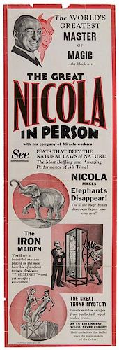 Nicola (William Mozart Nicol). The Great Nicola. In Person. New York: Pace Press, ca. 1920. Two-color double-sided offset broadside advertising a perf