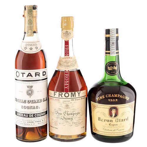 Lote de Cognac. a) Fromy. b) Baron de Otard. c) Otard. En presentraciones de 750 ml. Total de piezas: 3.
