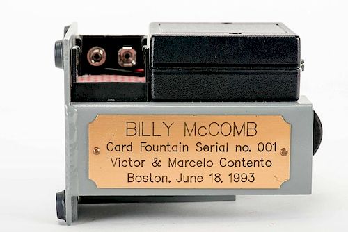 [McComb, Billy] New Generation Card Fountain. Boston: Victor and Marcelo Contento, 1993. Battery-operated apparatus shoots cards four feet into the ai