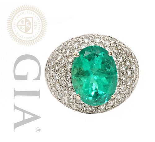 French Columbian GIA Cert Emerald & Diamond Ring