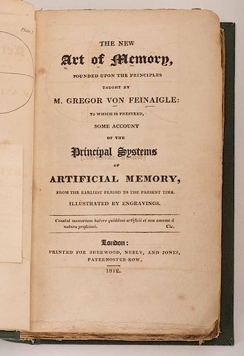 Feinaigle, Gregor von. The New Art of Memory. London: Sherwood, Neely, and Jones, 1812. Modern green cloth, spine gilt-stamped. Five folding plates, i