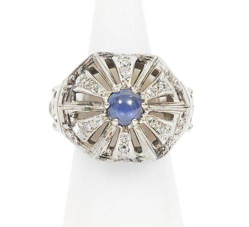 Unisex 14K WG, Cabochon Sapphire & Diamond Ring