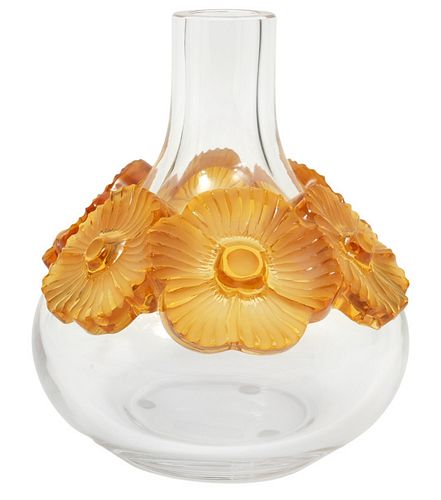Lalique Crystal Atossa Vase with Amber Flowers