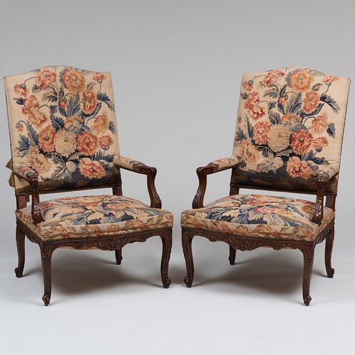 Pair of RÃ©gence Style Stained Beechwood and Tapestry Upholstered Fauteuils Ã  la Reine