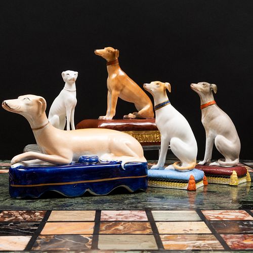 Group of Five Staffordshire Style Models of Whippets