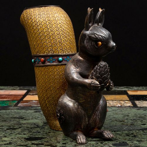 Chinese CloisonnÃ© and Bronze Squirrel Form Pen Holder