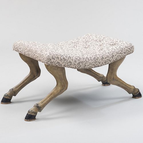 Carved and Painted Tufted Upholstered Curved Stool