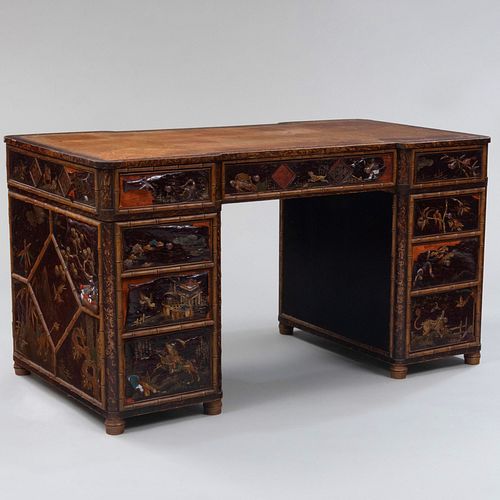 Edwardian Painted Faux Tortoiseshell, Lacquer and Bamboo Pedestal Desk