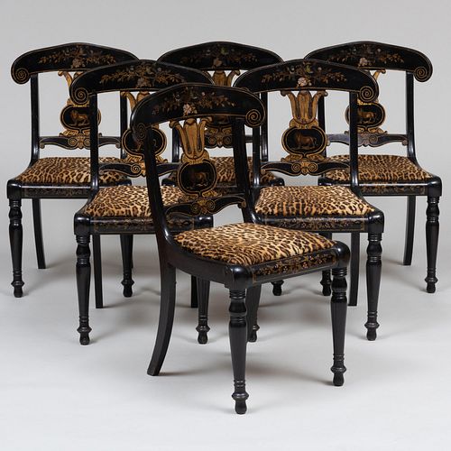Set of Six Victorian Ebonized, Stencil-Decorated and Polychrome Painted Side Chairs