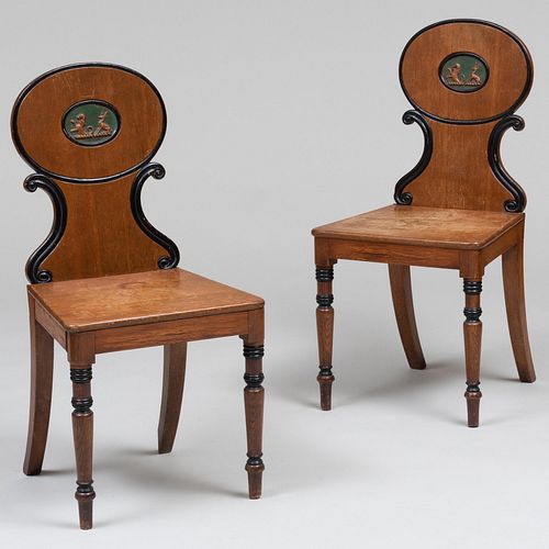 Pair of Regency Ebonized and Oak Hall Chairs