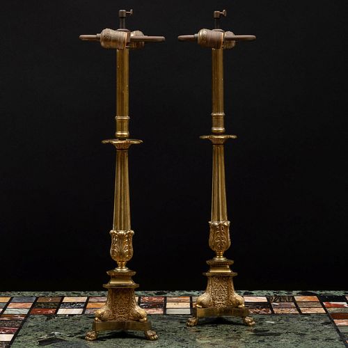 Pair of Regency Style Gilt-Bronze Columnar Lamps