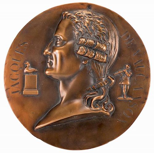 De Vaucanson, Jacques. Commemorative Copperplate Bust. Stamped number 3 of 50 examples, manufacturer unknown. Contemporary heavy copperplate bust of t
