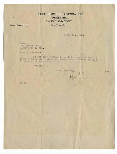 Houdini, Harry. Houdini Typed Letter Signed to Kolar. Dated April 13, 1922, Houdini writes on uncommon Houdini Picture Corporation Letterhead to fello