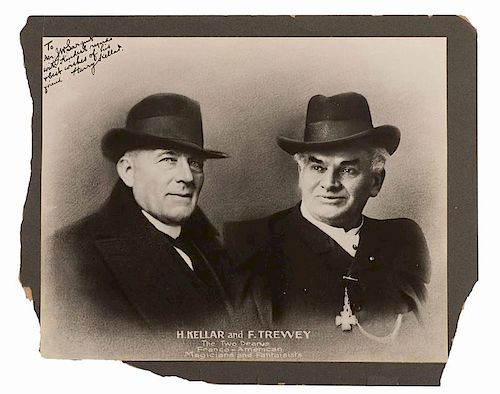 Kellar, Harry. Portrait of Harry Kellar and Felecien Trewey, inscribed and signed. American, 1919. Large-format bust portrait titled, ÒThe Two Deans/