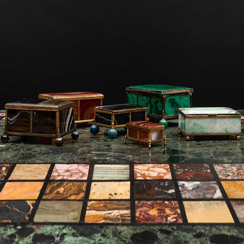 Group of Six Gilt-Metal-Mounted Hardstone Table Boxes