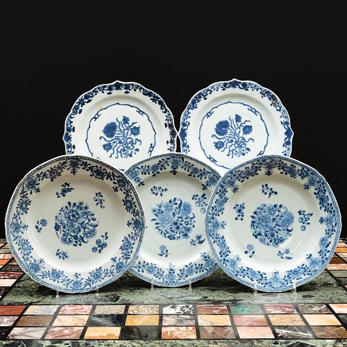 Group of Five Chinese Export Blue and White Porcelain Plates