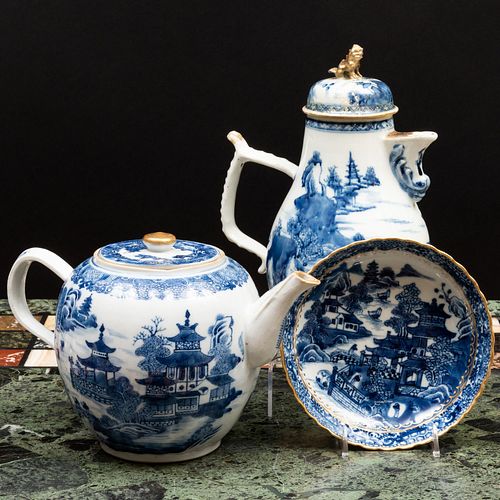 Chinese Export Blue and White Porcelain Teapot, a Coffee Pot and a Small Saucer Dish