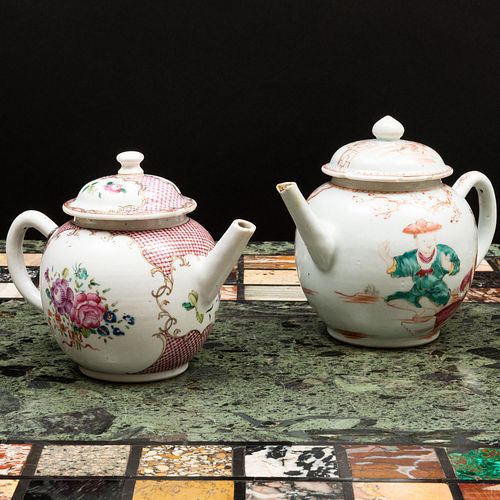 Two Chinese Export Famille Rose Porcelain Teapots