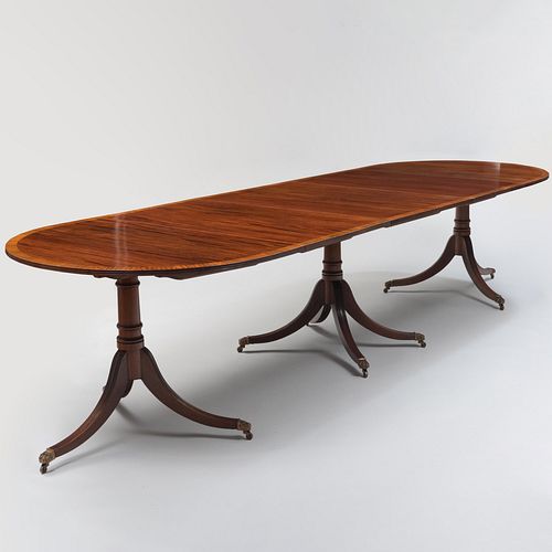 Regency Style Inlaid Mahogany Three Pedestal Dining Table