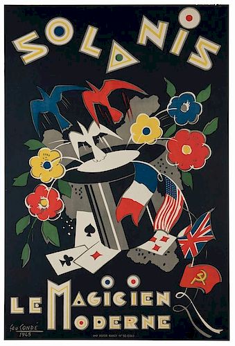 Solanis. Solanis Le Magicien Moderne. France: Royer, 1945. Handsome color poster depicting flags, flowers, birds and playing cards erupting from a top