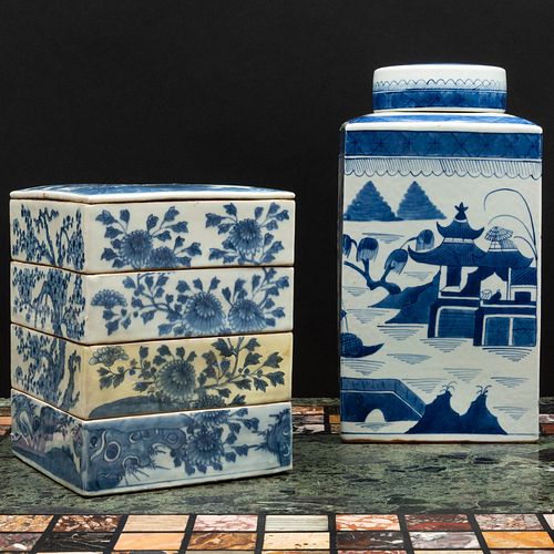 Chinese Blue and White Porcelain Four-Tiered Box and a Square Container and Cover
