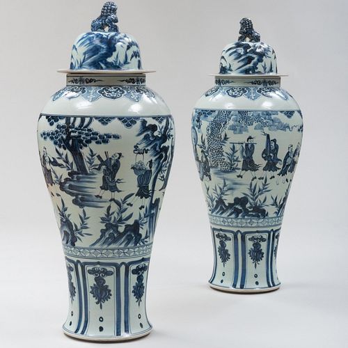 Pair of Large Chinese Blue and White Porcelain Jars and Covers