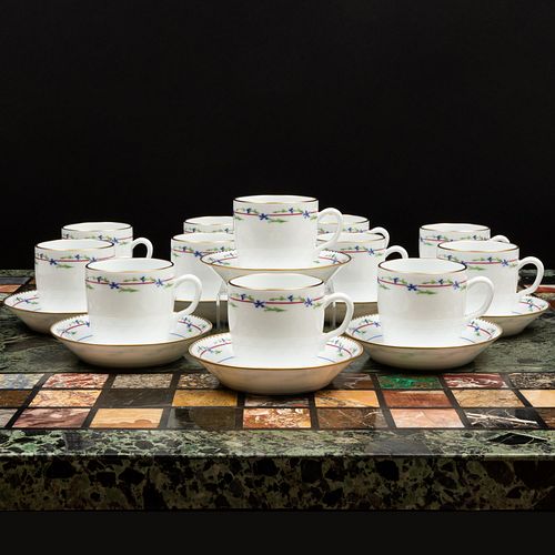 Set of Twelve Mottahedeh Teacups and Saucers in the 'Cornflower Garland' Pattern