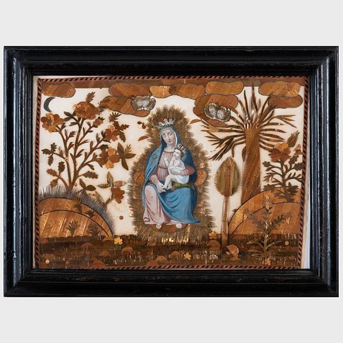 Continental Painted and Straw-Work Madonna and Child