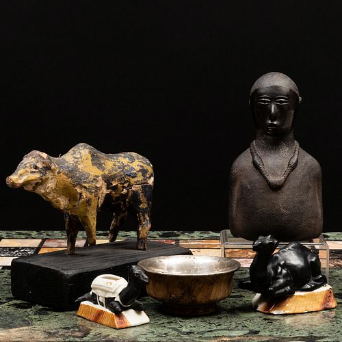 Two Porcelain Camels, a Carving of a Cow, a Silver-Mounted Wood Bowl and a Pottery Bust