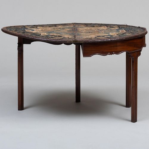 George III Mahogany and Tapestry D-Shaped Games Table
