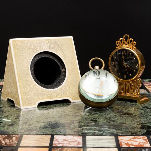 Group of Two Table Clocks and a Shagreen Watch Stand