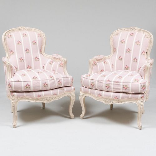 Pair of Louis XV Style Cream Painted Floral-Upholstered BergÃ¨res