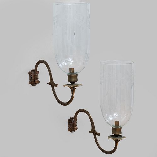 Pair of English Brass and Copper-Mounted Etched Glass Sconces