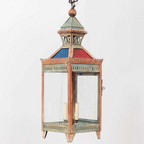 Polychrome Painted TÃ´le and Pressed Glass Four-Light Lantern