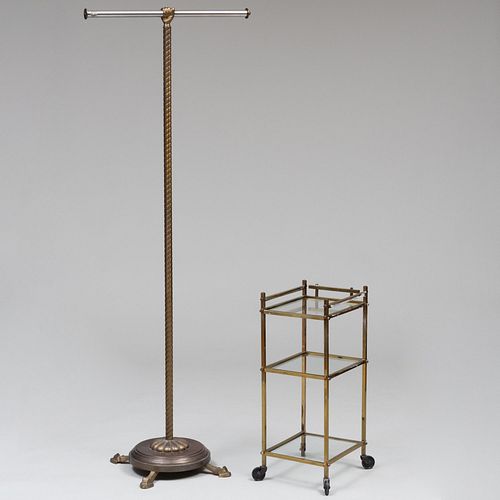Modern Brass and Glass Three-Tier Table and a Brass and Metal Towel Rack
