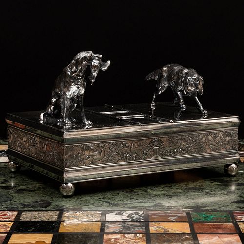 Silver Plate Smoking Box Mounted with Sporting Dogs