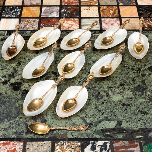 Set of Ten Shell Condiment Dishes and a Set of Eleven Silver-Gilt Condiment Spoons