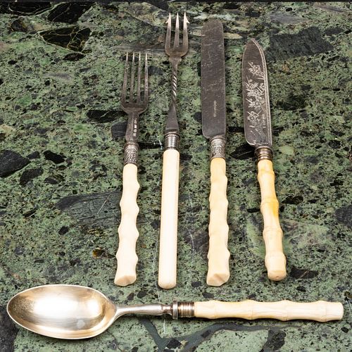 Set of English Bone and Silver Plate Faux Bamboo Flatware