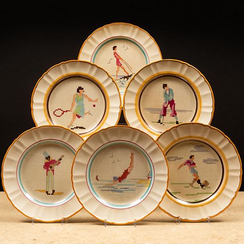 Set of Seven Mason's Transfer Printed and Enriched Dessert Plates in the 'Sampler' Pattern